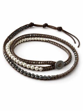 Chan Luu Pearl Hematite 5 Wrap Bracelet Necklace Convertible + Pouch Authentic